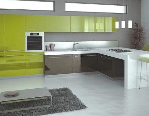 Yeşil ve antrasit renkli acrylic kapaklı mutfak dolabı